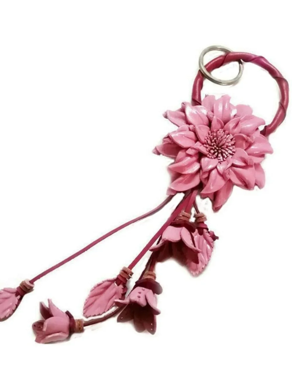 Handmade Big Pink Dahlia Flower Keychain - Genuine Leather Keyring Charm for